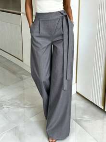 SHEIN Franclia Women's Solid Color Casual Versatile Daily Travel Suit Pants - Grey - View 3