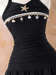 SHEIN Teen Girls' Halter Neck Ruched Ruffle Hem Summer Fashion Dress Beach Black - Black - View 7