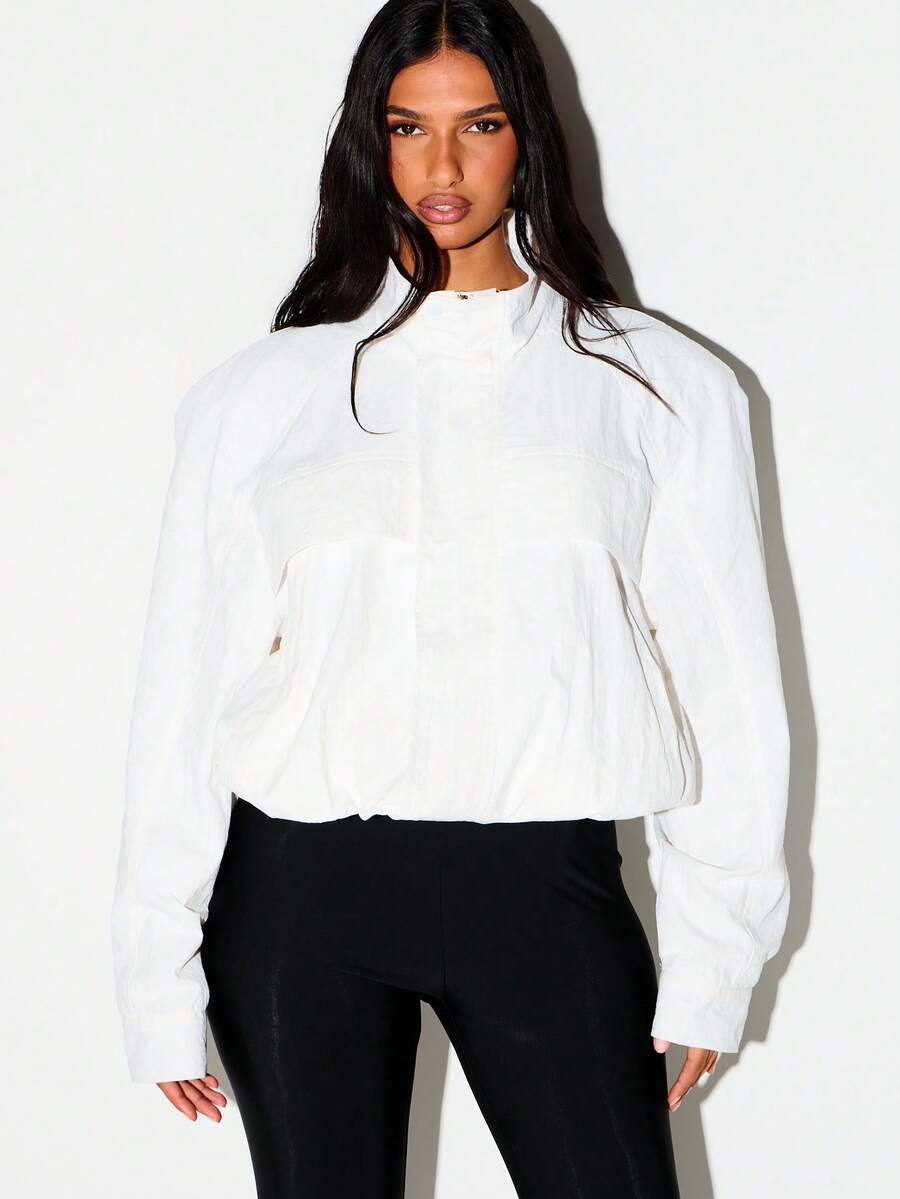 KIZN Oversized Shoulder Pad Windbreaker Jacket Stand Collar Cropped Hem Lightweight Outerwear Fall Spring - White - View 1