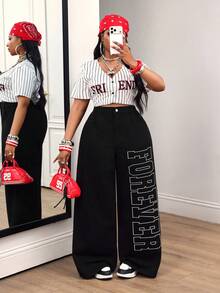 SHEIN Unity 女款大尺碼戶外街頭風字母刺繡黑灰色牛仔褲 - 黑色 - 查看 7