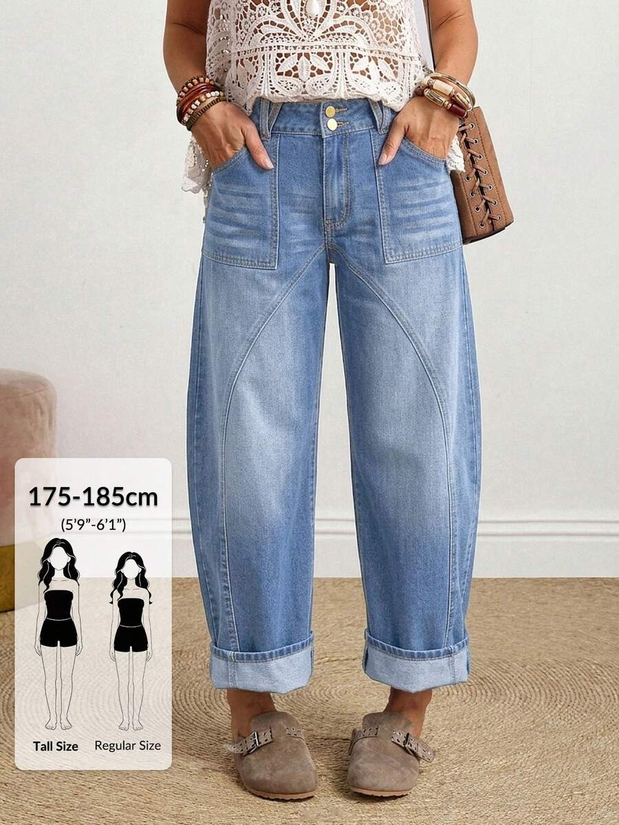 SHEIN Tall 女款休閒波西米亞風水洗彎腿牛仔褲 淺藍色 夏季旅行款 - 淺色水洗藍 - 查看 1