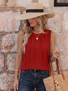 EMERY ROSE Women's Solid Color Round Neck Casual Versatile Tank Top, Summer Brunch Red - Red - View 1