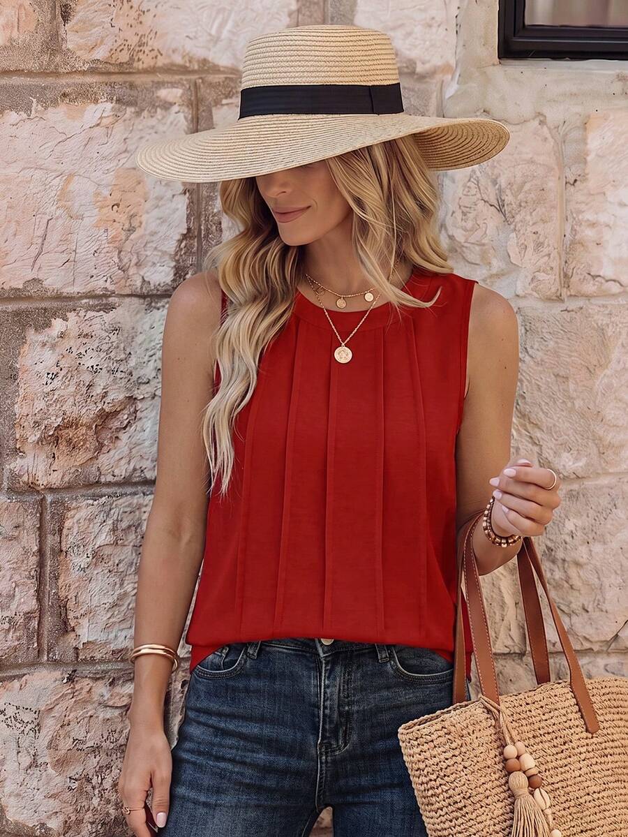 EMERY ROSE Women's Solid Color Round Neck Casual Versatile Tank Top, Summer Brunch Red - Red - View 1