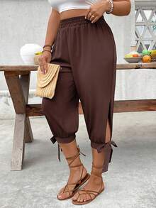 EMERY ROSE Plus Size High Waist Tapered Leg Tie-Up 7/10 Pants Spring Summer - Red Violet - View 5