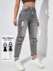 SHEIN PETITE 女款休閒水洗磨損牛仔褲 - 灰色 - 查看 1