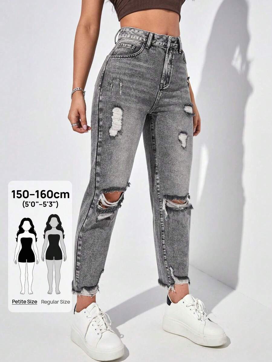 SHEIN PETITE 女款休閒水洗磨損牛仔褲 - 灰色 - 查看 1