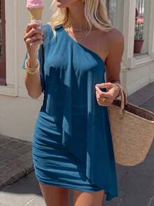 Aloruh Women's Solid Color One Shoulder Casual Party Mini Dress - Teal Blue - View 12