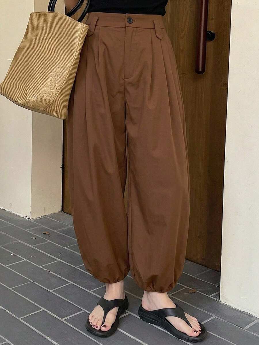 DAZY 女款純色寬鬆燈籠褲 九分長休閒度假夏季長褲 - 棕色 - 查看 1