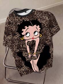 Betty Boop x SHEIN 女士豹纹印花全幅短袖T恤， - 白色 - 查看 1