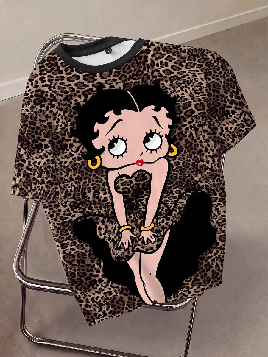 Betty Boop x SHEIN 女士豹纹印花全幅短袖T恤, - 白色 - 查看 1