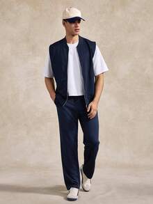 Men's Solid Color Zip-Up Vest And Pants Set - Navy Blue - View 7