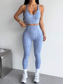 Dewbera Dewbera Women's All-Over Print Cropped Top And High-Waist Leggings Casual Sexy Active Daily Sports Set Gym Light Blue Summer - Blue - View 4