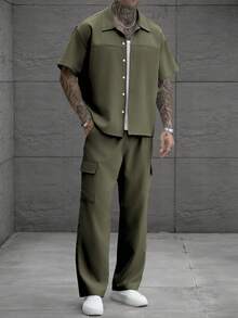 SLATEMANN 男士純色短袖單排扣襯衫與工裝褲休閒套裝 - 軍綠色 - 查看 3