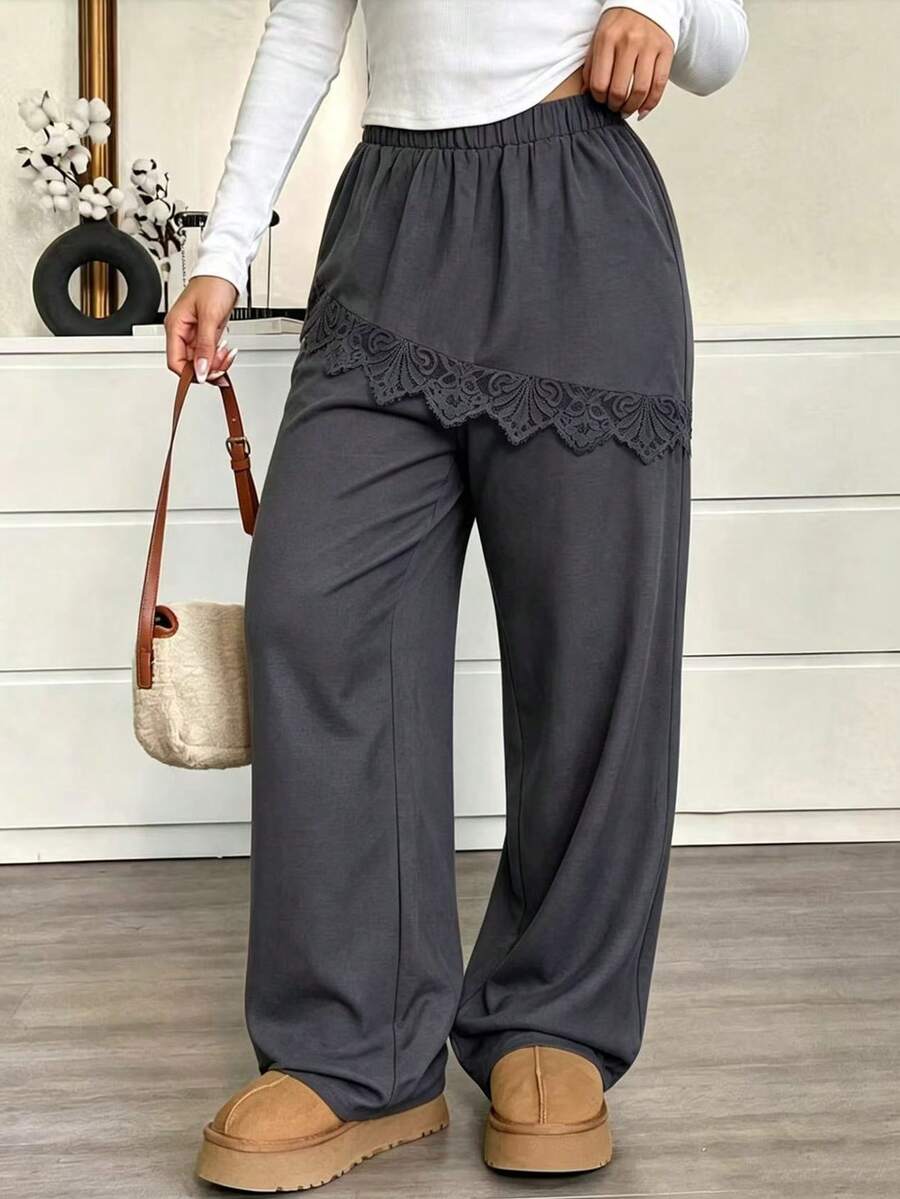 Modelyn Autumn/Winter Elegant Casual Cinched Waist Loose Fit Versatile 2 In 1 Patchwork Drape Lace Plus Size Women's Long Pants - Dark Grey - View 1