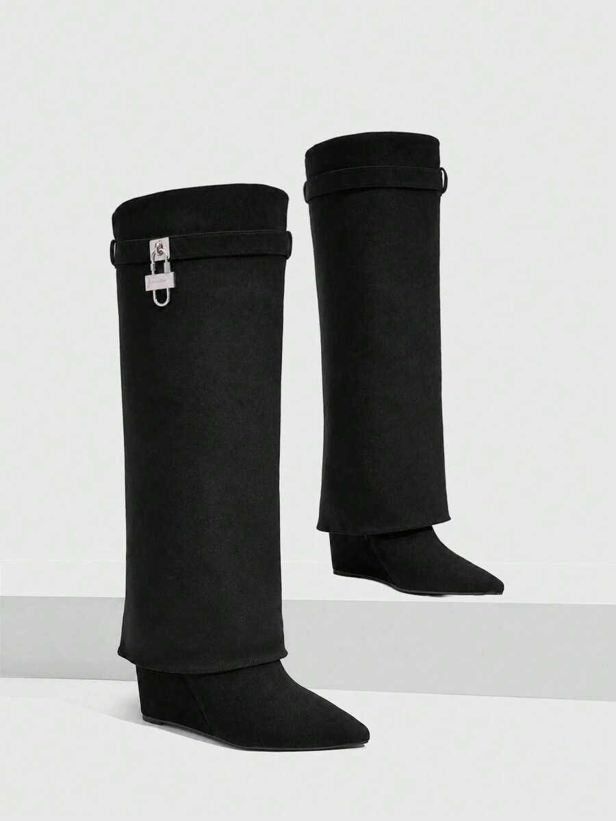 CUCCOO SZL Women's Pointed Toe Buckle Decor Tall Boots - Pure black - View 1