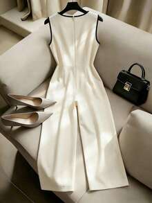 Franclia Women's Elegant Cream White Sleeveless Jumpsuit, Summer Fitted Waist Round Neck Jumpsuit, Office Work Business Formal Graduation Attire - Apricot - View 2
