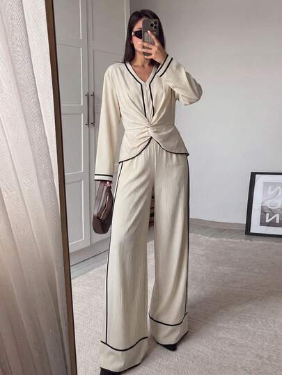 Modelyn Women's Apricot Woven Digital Print Knot Tie Long Sleeve Elegant Casual Top And Straight Leg Pants 2 Pieces Set
