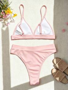 Swim Basics 女款夏季海灘純色細肩帶性感比基尼三角褲兩件式泳衣套裝 - 淺粉色 - 查看 2