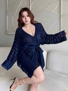Vibekara Autumn/Winter Fashion Design Slouchy Hollow-Out Batwing Sleeve Royal Blue Knit Cardigan Fall - Royal Blue - View 6