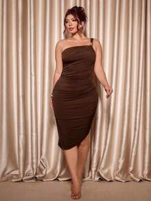 Cravure Women's Elegant Asymmetrical Neckline Patchwork Draped Slim Fit Bodycon Plus Size Summer Dress - Coffee Brown - View 3
