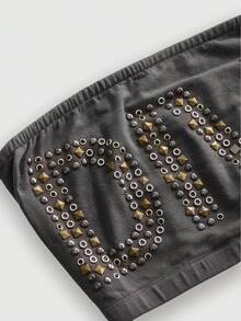 ROMWE Grunge Punk Summer Outfits Y2K Sexy Hot Girl Retro Metal Button Design Contrast Color Rivet Diva Slogan Bandeau Top Strapless Sheer Tank Top 2 Pieces Set Black - Grey - View 4