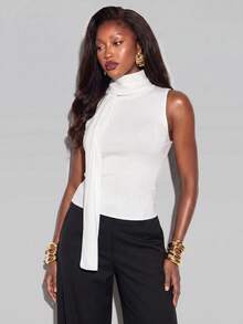 Normani ملابس علوية نسائية بلون موحد برقبة عالية وتصميم شريط بدون أكمام كاجوال من الصوف المحبوك - بيج - مشاهدة 5