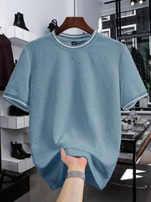 Manfinity Homme Camiseta de punto jacquard de unicolor con textura, cuello y puños acanalados para hombre - Neblina azul - Ver 8