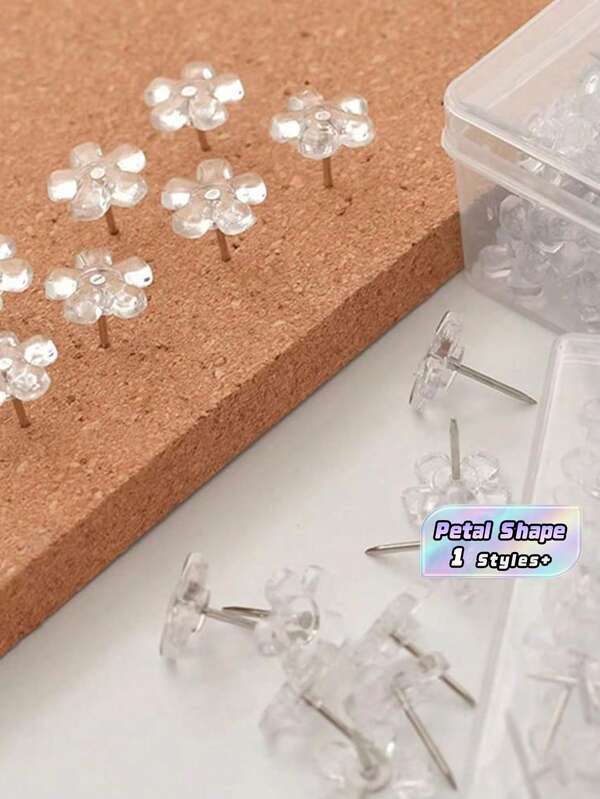 30Pcs/50Pcs/100Pcs Transparent Flower Shaped Push Pins, Five-Petal Flower Design Office Decorative Thumbtacks, Plum Blossom Shape Pins, Back To School Supplies