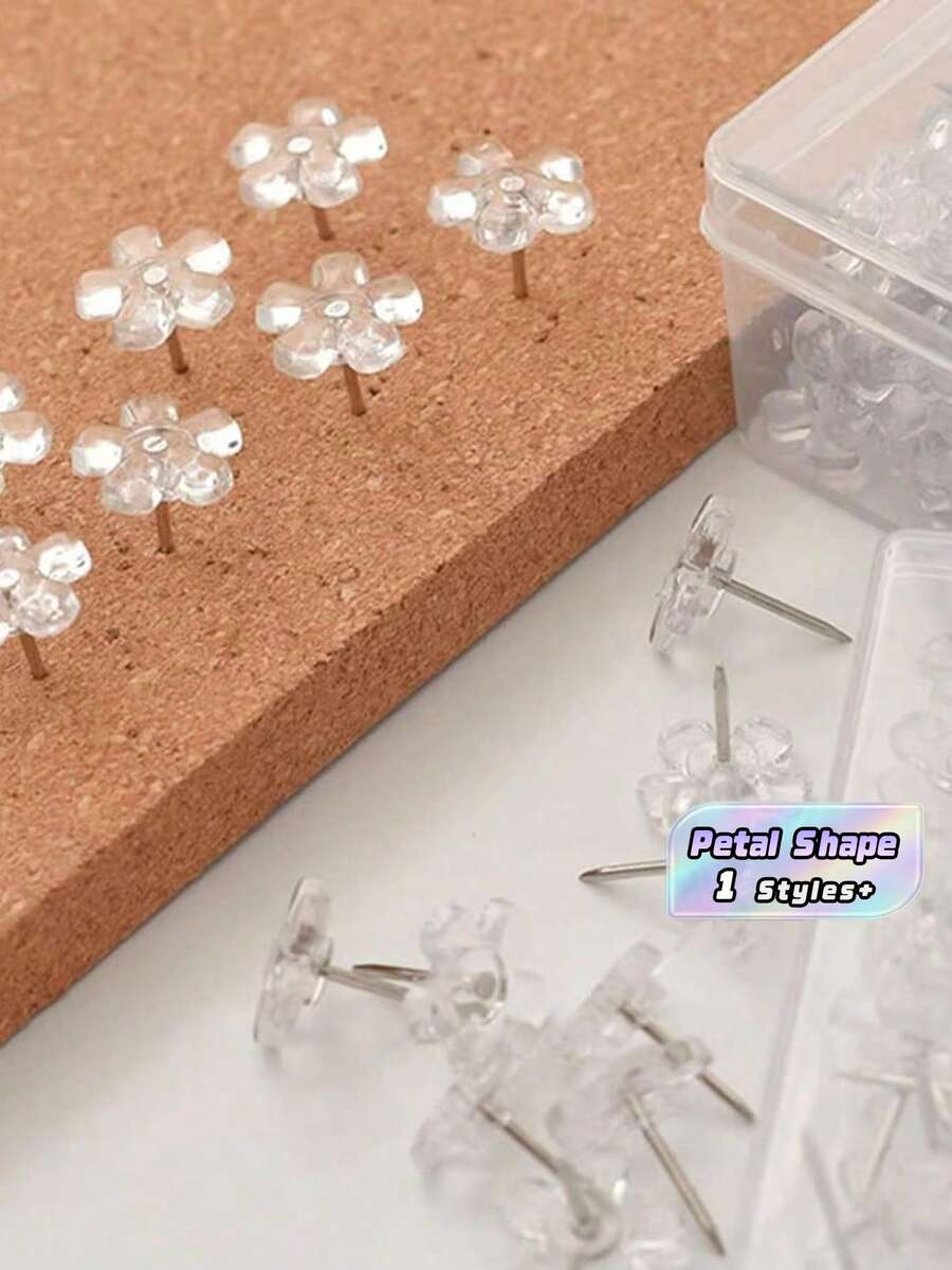 30Pcs/50Pcs/100Pcs Transparent Flower Shaped Push Pins, Five-Petal Flower Design Office Decorative Thumbtacks, Plum Blossom Shape Pins, Back To School Supplies - Multicolor - View 1