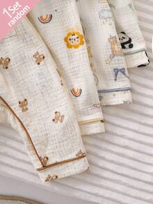 SHEIN Vintaside Kids 新生兒舒適柔軟親膚棉感米色獅子熊貓熊月亮兔子印花領口鈕扣前開長袖長褲包邊連身衣4件套 - 彩色 - 查看 5