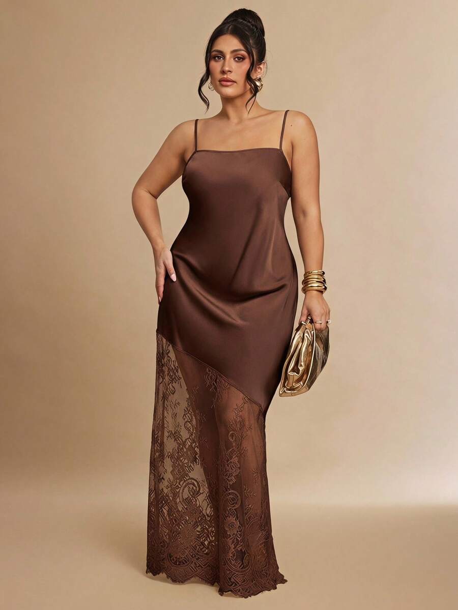 SHEIN BAE Plus Size Women's Spring/Summer Woven Satin Fresh Daily Versatile Asymmetrical Hem Design Lace Long Dress - Brown - View 1