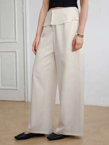 Dazy-Less High Waist White Solid Color Ruffle Waist Design Loose Wide Leg Casual Women's Long Pants Fall - White - View 5