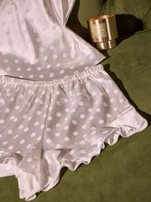 SilkySpell White Premium Satin Faux Silk Polka Dot Jacquard Camisole Shorts + Hair Scrunchie 3 PiecesPajama Set - White - View 5