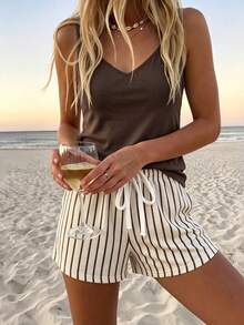 Comfylo Casual Vacation Style Chocolate Brown Beige Spaghetti Strap Tank Top And Matching Shorts Women's Round Neck 2-Piece Set Suitable For Summer Beach - Brown - View 6
