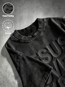 Manfinity Roghcode Unisex Washed Cotton T-Shirt, 3D Puff Print JESUS LOVES YOU, Short Sleeve, For Daily Wear, Church, Gift, Suitable For Men And Women - Black - View 1