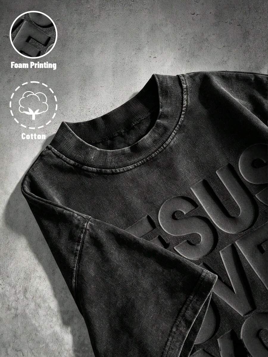 Manfinity Roghcode Unisex Washed Cotton T-Shirt, 3D Puff Print JESUS LOVES YOU, Short Sleeve, For Daily Wear, Church, Gift, Suitable For Men And Women - Black - View 1