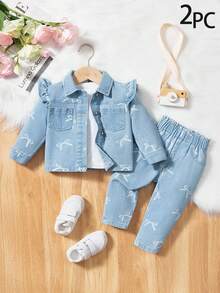 SHEIN 嬰兒休閒極簡印花牛仔套裝 - 淺色水洗藍 - 查看 1