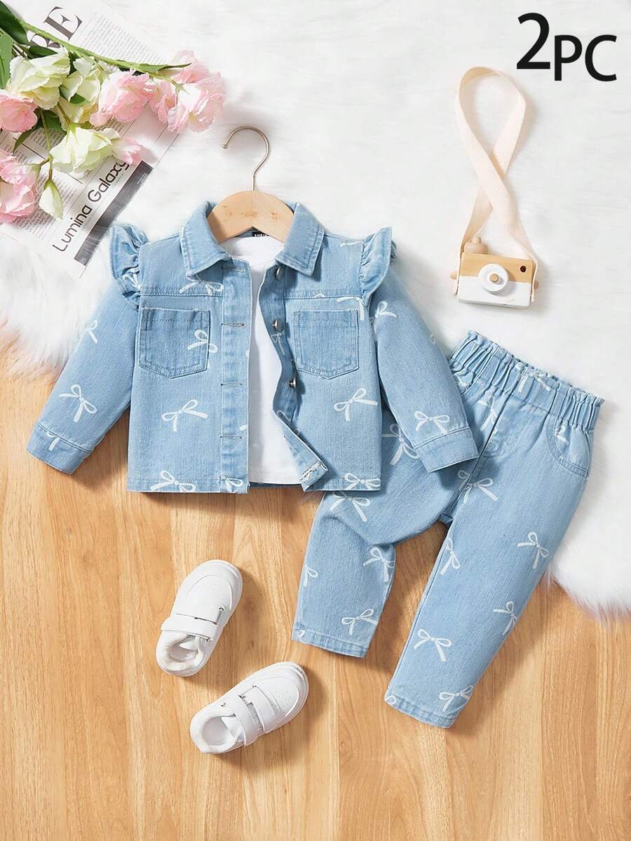 SHEIN 嬰兒休閒極簡印花牛仔套裝 - 淺色水洗藍 - 查看 1