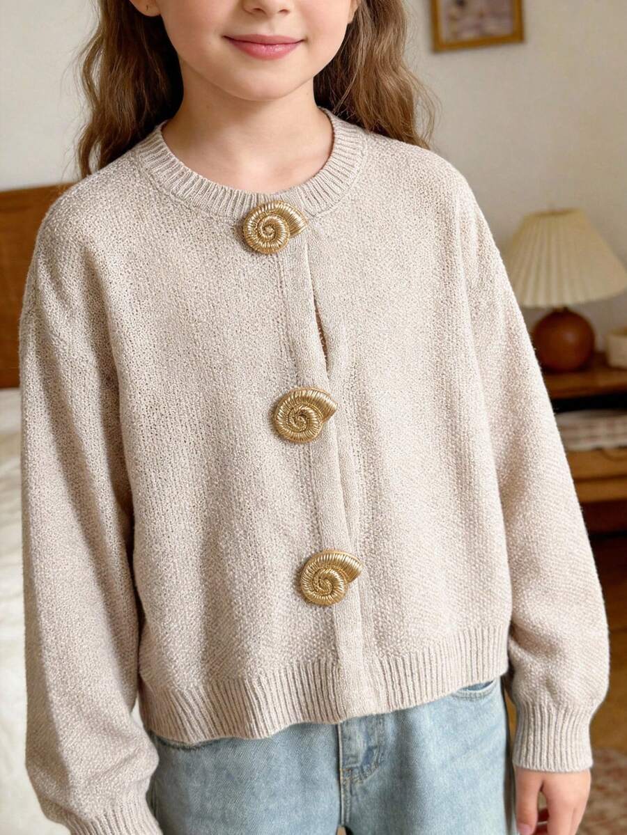 SHEIN Tween Girl Loose Casual Minimalist Comfortable Round Neck Long Sleeve Cardigan Back To School - Apricot - View 1