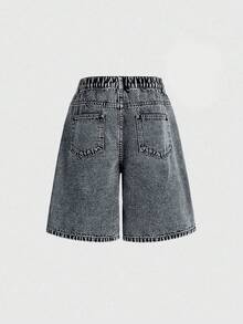 SHEIN ChillGRL Y2K街头风休闲宽松牛仔短裤，适合青少年女孩，浅蓝色水洗牛仔布，饰有做旧雪花和星星刺绣，弹性腰带。 - 淺灰色 - 查看 2
