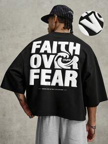 PAVTROS Kaos Pria Model Longgar Kasual dengan Potongan Bahu Jatuh dan Kerah Bulat, Motif Slogan - Hitam - View 1