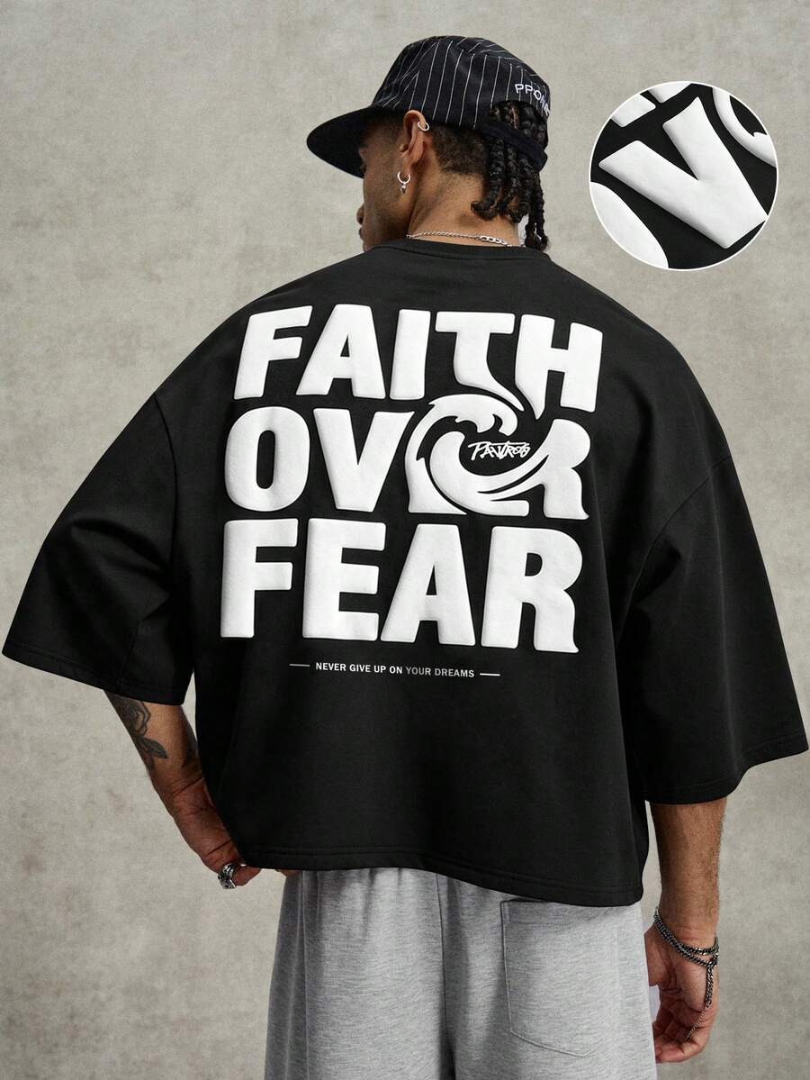 PAVTROS Kaos Pria Model Longgar Kasual dengan Potongan Bahu Jatuh dan Kerah Bulat, Motif Slogan - Hitam - View 1