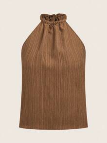 SHEIN LUNE Women's Summer Versatile Deep Coffee Color Vertical Stripe Textured Crepe Spaghetti Strap Camisole Tank Top, Suitable For Spring/Summer Vacation - Brown - View 5
