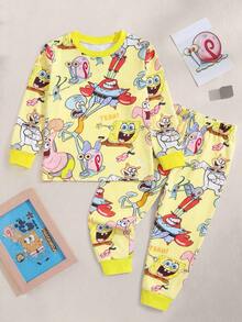SpongeBob SquarePants | SHEIN 2pcs/Set Young Boy Cartoon Pattern Crew Neck Long Sleeve Top And Pants Knit Casual Stretchy Pajama Set - Yellow - View 1