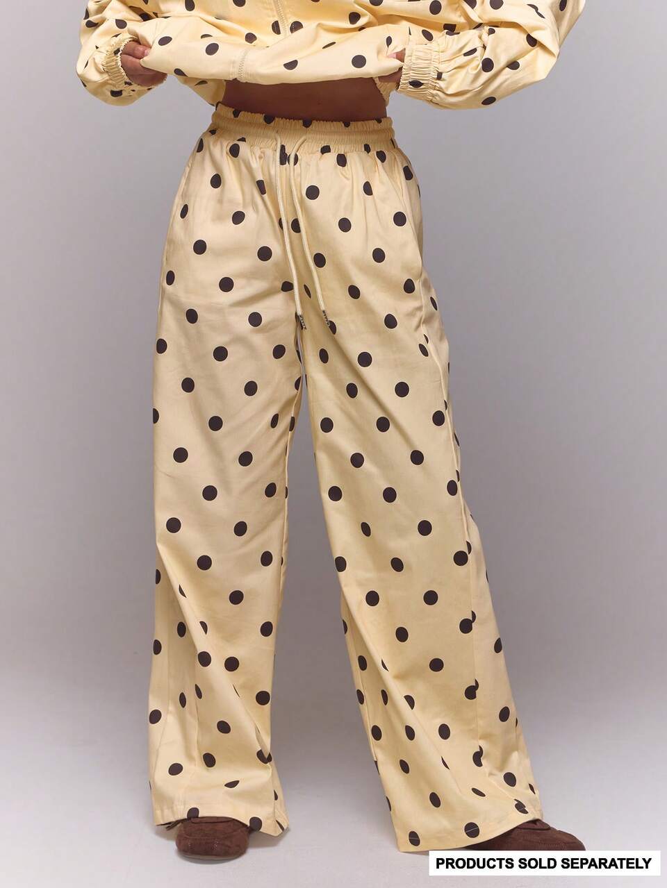 Cream Polka Dot Nylon Wide Leg Jogger Pants