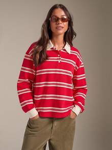 Athîral 女款休閒拼色 Polo 領紅色條紋 T 恤，秋季服飾，辦公休閒，可愛上衣，女款長袖上衣，女款外出上衣 - 紅色 - 查看 4