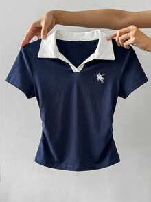 Attitoon Plus Size Women's Equestrian Embroidered Contrast Collar Short Sleeve Casual T-Shirt - Navy Blue - View 7