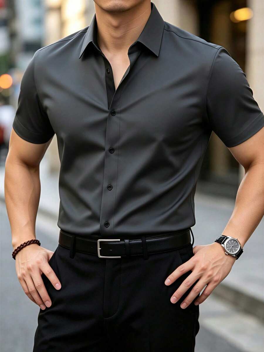 Manfinity Mode CS-D18 Men's Solid Color Short Sleeve Formal Shirt, Minimalist And Fashionable, Suitable For Summer Formal - Grey - View 1