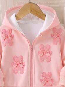 SHEIN 女嬰甜美可愛蝴蝶結小熊 3D 效果花卉印花連帽拉鍊長袖抓絨內裡運動外套，柔軟面料，適合外出，秋冬款 - 彩色 - 查看 5