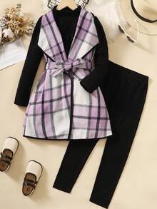 Tween Girl Plaid Pattern Belted Vest Coat & Solid Tee & Leggings - Multicolor - View 3